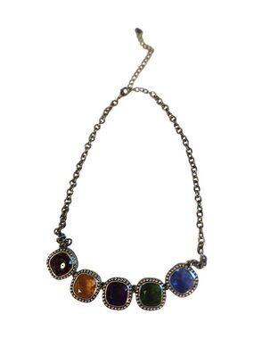Vintage Multi Color Open Back Acrylic Gem Stones Chain Necklace Silver Tone 8 -